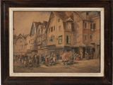 tableau représentant une scène de rue avec des personnages et des bâtiments en arrière-plan