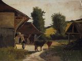 a painting of a couple of cows walking down a dirt road