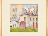 a picture of a painting of a building with a red door