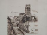 drawing of an old building with a clock tower in the middle of it