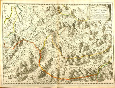 an old map of a mountain range with a red line in the middle