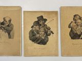 three old postcards of a man holding a baby and a woman playing a violin