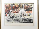an image of a drawing of a horse drawn carriage being pulled by a man