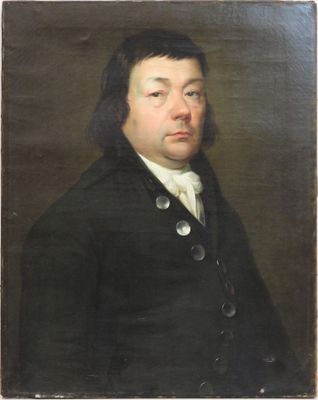 un tableau représentant un homme vêtu d'un manteau noir et d'une chemise blanche