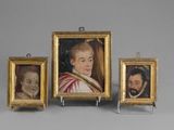 three framed portraits of a man, a woman, and a child