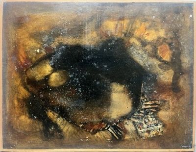 un tableau représentant un chien couché par terre