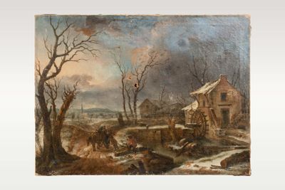 une image représentant une peinture d'un paysage hivernal avec une maison en arrière-plan