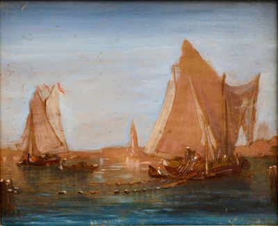 une peinture représentant des bateaux sur l'eau, avec le ciel en arrière-plan