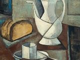 une peinture représentant une cruche blanche et une miche de pain posées sur une table