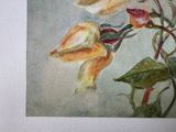 a painting of a bird sitting on a branch of a flower
