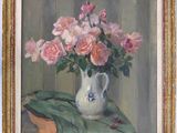a painting of pink roses in a vase on a table