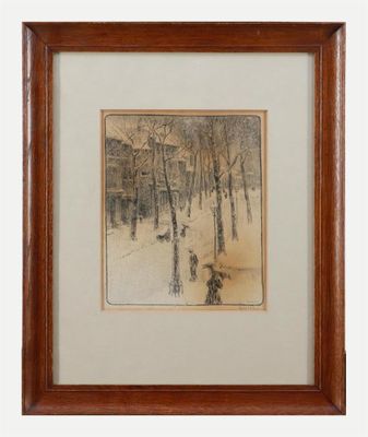 tableau représentant deux personnes marchant dans la neige au milieu d'un bois