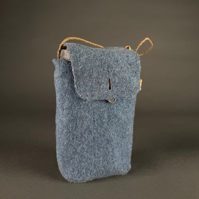 blue felt phone case with a gold zipper