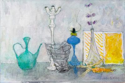 a painting of vases and a painting of flowers on a table