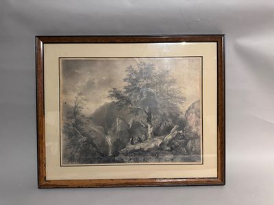 tableau représentant un homme à cheval dans un paysage boisé