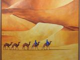a painting of a group of people riding camels in the desert