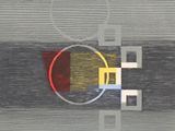 abstract painting of a circle with a flag and a letter e on it