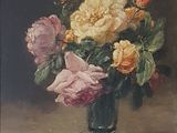 une peinture de fleurs dans un vase en verre sur une table