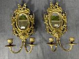 paire d'appliques murales anciennes en laiton avec miroirs et bougeoirs
