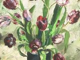 a painting of a vase of flowers on a table