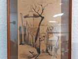 framed drawing of a tree in front of a building with a bird perched on it