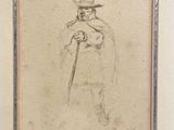 un vieux dessin représentant un homme avec une canne et un chapeau