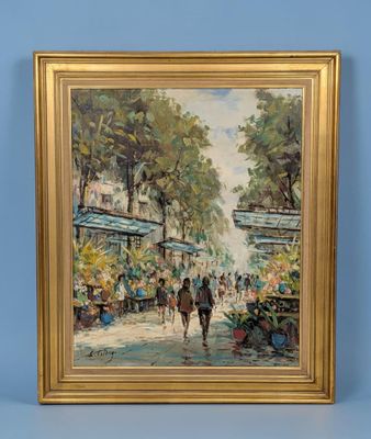 une peinture à l'huile représentant des personnes marchant dans une rue d'une ville