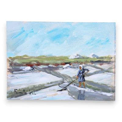 a painting of a man walking across a snow covered field