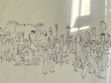 un dessin représentant un groupe de personnes sur un mur