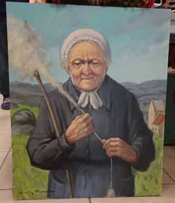 painting of an old woman holding a stick in her hand