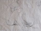 dessin au crayon représentant une femme assise à genoux, de dos à la caméra