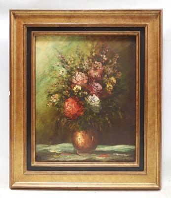 painting of a vase of flowers on a table with a green background