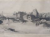 drawing of a view of a city with a bridge over a river