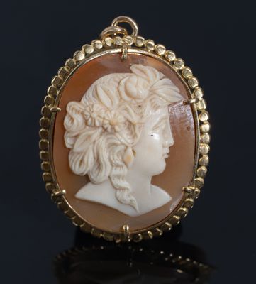 an antique carved shell cameo of a woman in profile