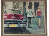 painting of a woman walking past a red car on a city street