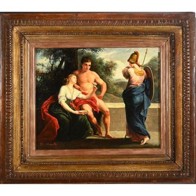 une peinture à l'huile sur toile représentant un homme, une femme et un enfant