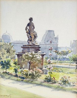 painting of a statue in a park with a building in the background