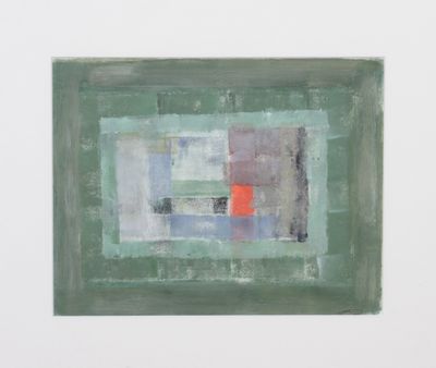 une peinture abstraite représentant un carré vert avec un carré rouge au milieu