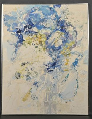 an abstract painting of blue and yellow flowers in a black frame