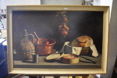 une peinture représentant une nature morte avec du pain et d'autres aliments
