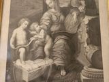 tableau représentant une famille avec un bébé dans un panier devant un arbre