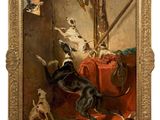 painting of two dogs and a cat in a room with a red table cloth