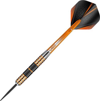 a close up of a black and orange dart on a white background