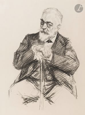 drawing of an old man with a cane sitting in a chair