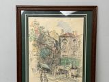 dessin encadré représentant une scène de rue avec une calèche