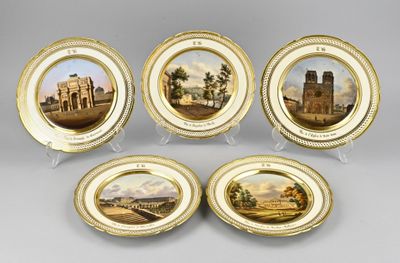 quatre plaques ornées de représentations d'un château, d'une église et d'autres bâtiments