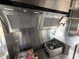 a kitchen with a stove, oven, and sink inside of it