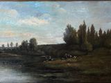 a painting of cows by the water on a sunny day