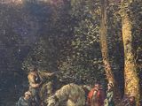 a painting of a group of people riding horses in the woods