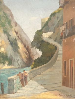 a painting of people walking down a hill by the water